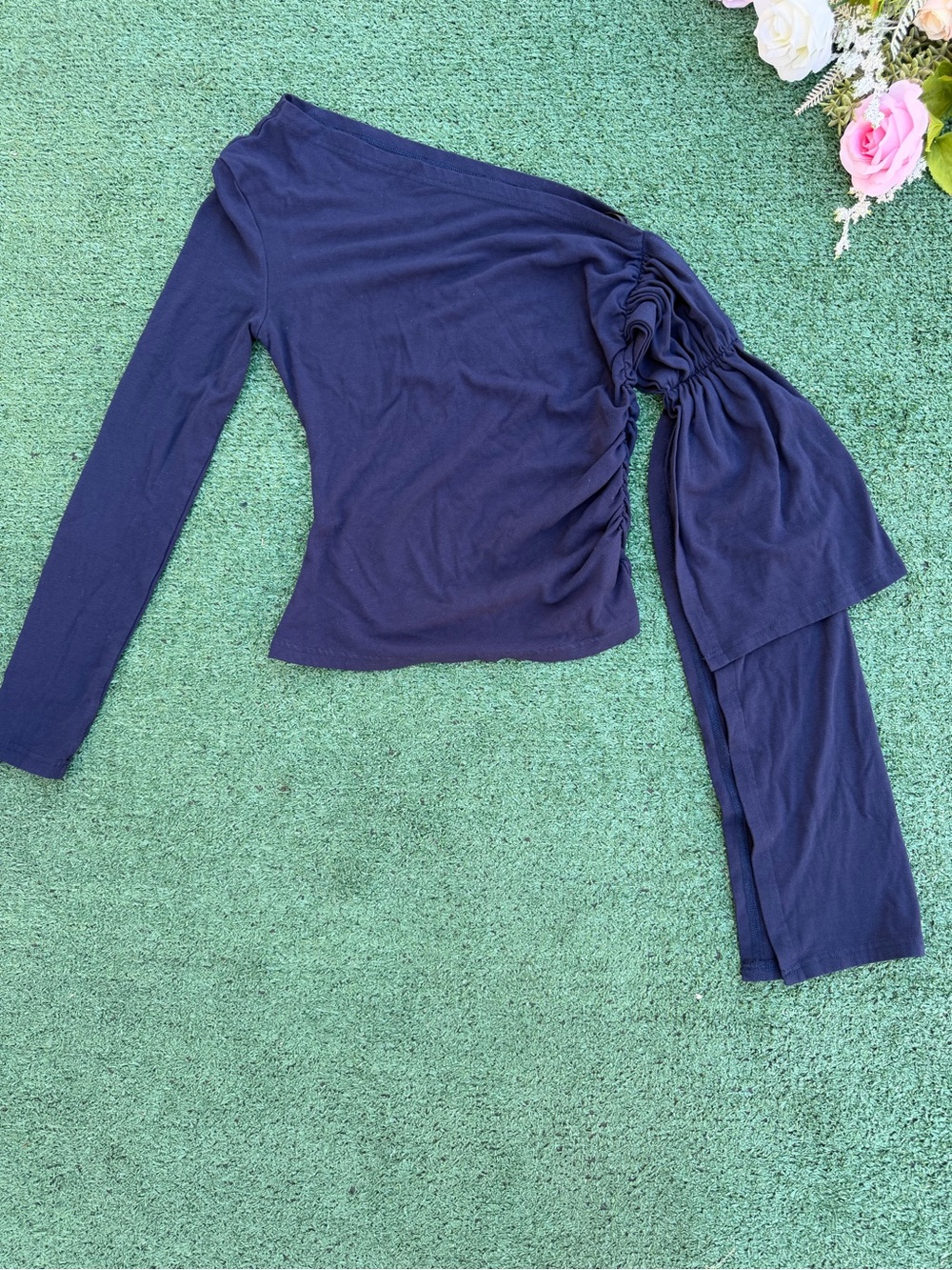 Commense Navy Asymmetric One-Shoulder Ruched Long Sleeve Top